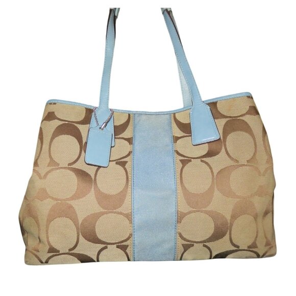 Coach 2009 Cursive Creed Khaki & Blue Jacquard Frame Kisslock Carryall Satchel